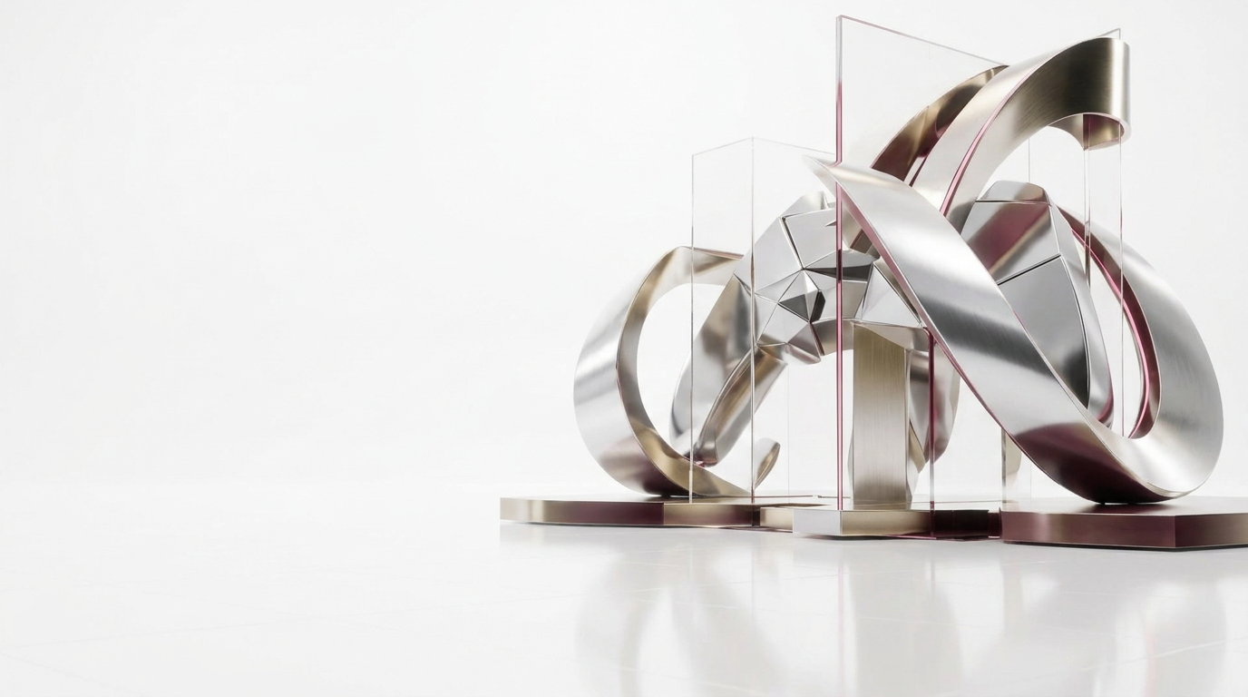Polished chrome and glass sculpture on a white background with burgundy and gold accents